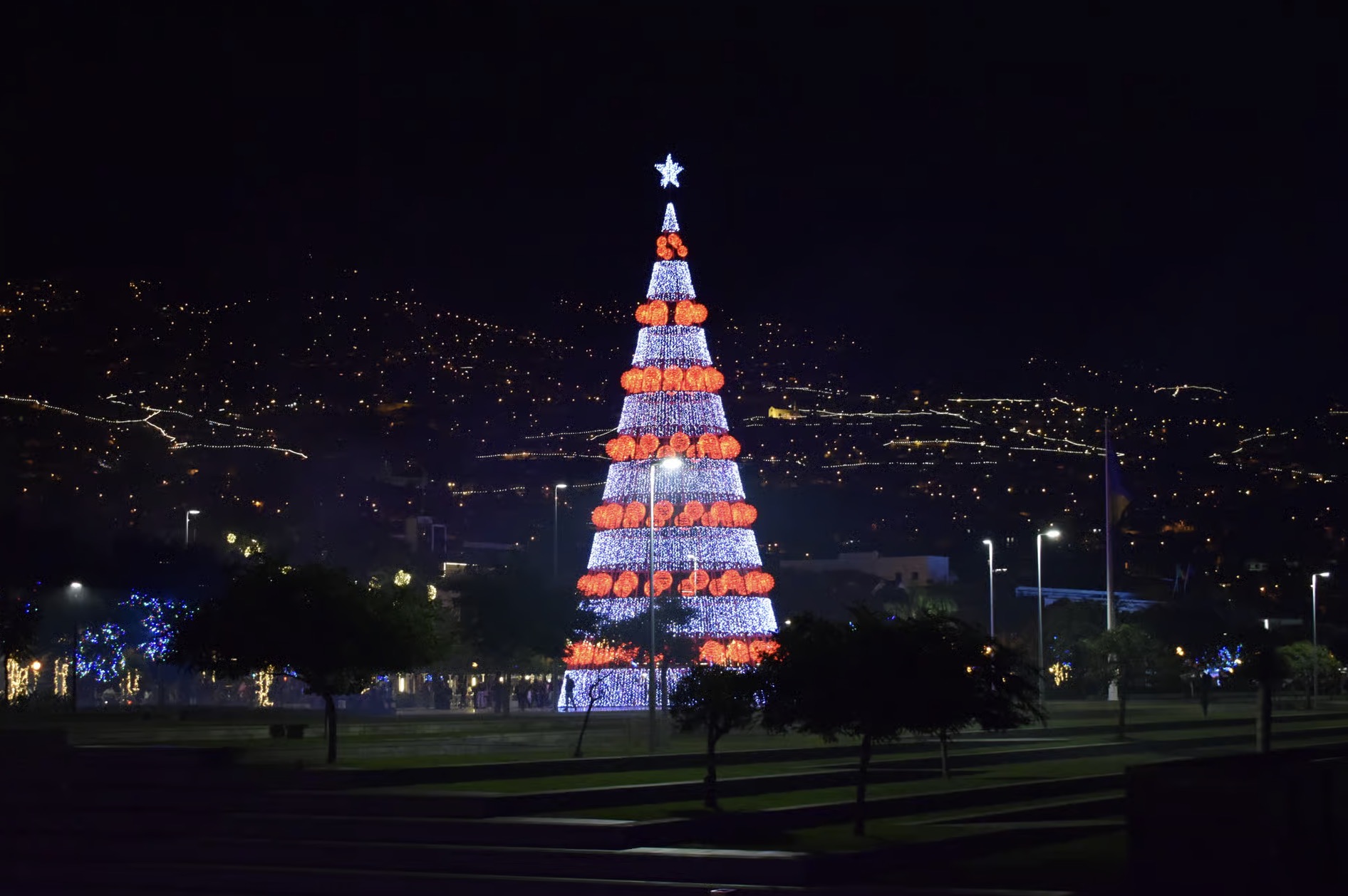 Tukxi tuk tuk tour through Funchal Christmas lights at night, Madeira