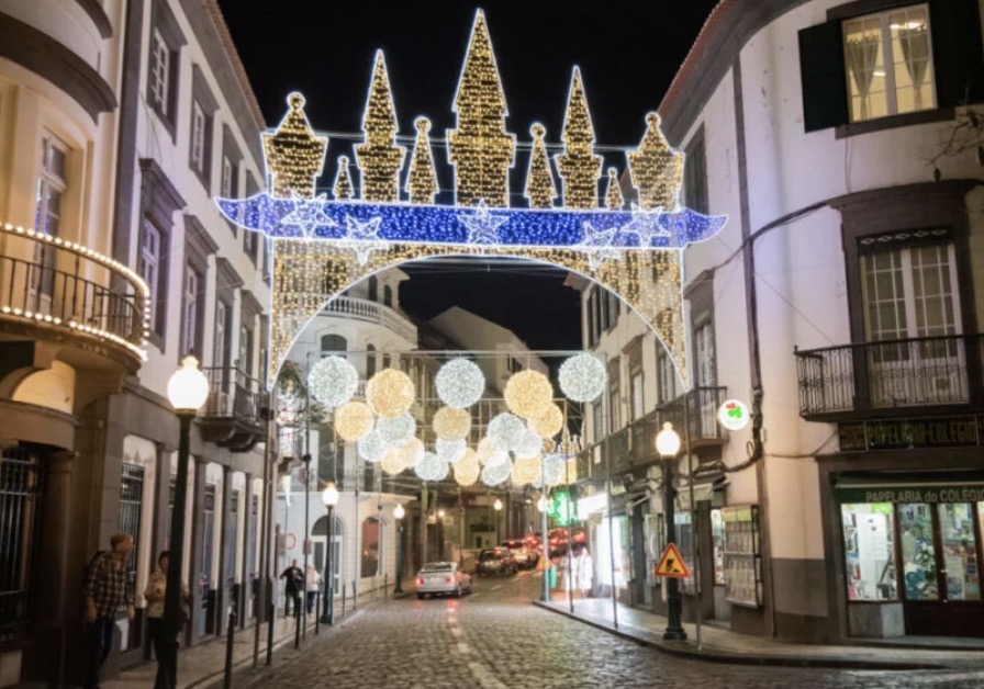 Funchal city streets decorated with colourful Christmas lights Madeira